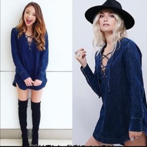 Free People Tops - Free People XS Denim Lace Up Plunge Tunic